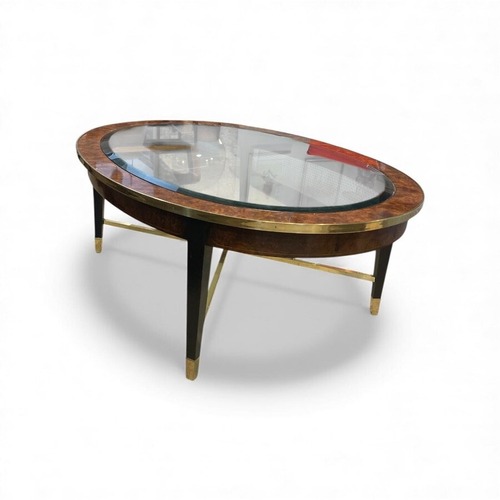 Used Henredon Oval Burl & Brass w Glass Insert Coffee Table for sale on AptDeco