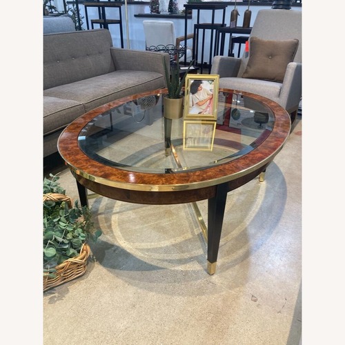 Used Henredon Oval Burl & Brass w Glass Insert Coffee Table for sale on AptDeco