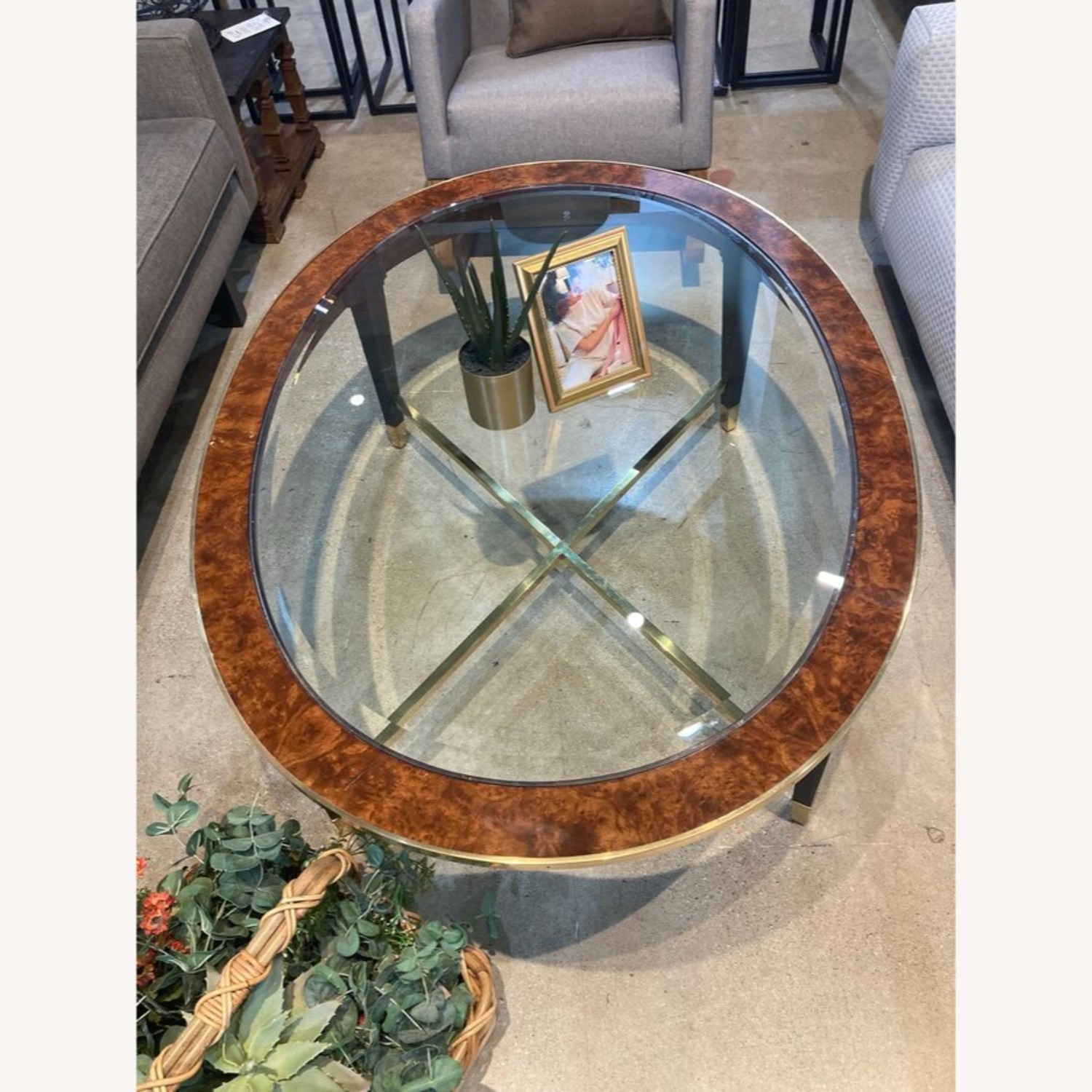 Henredon Oval Burl & Brass w Glass Insert Coffee Table - image-2