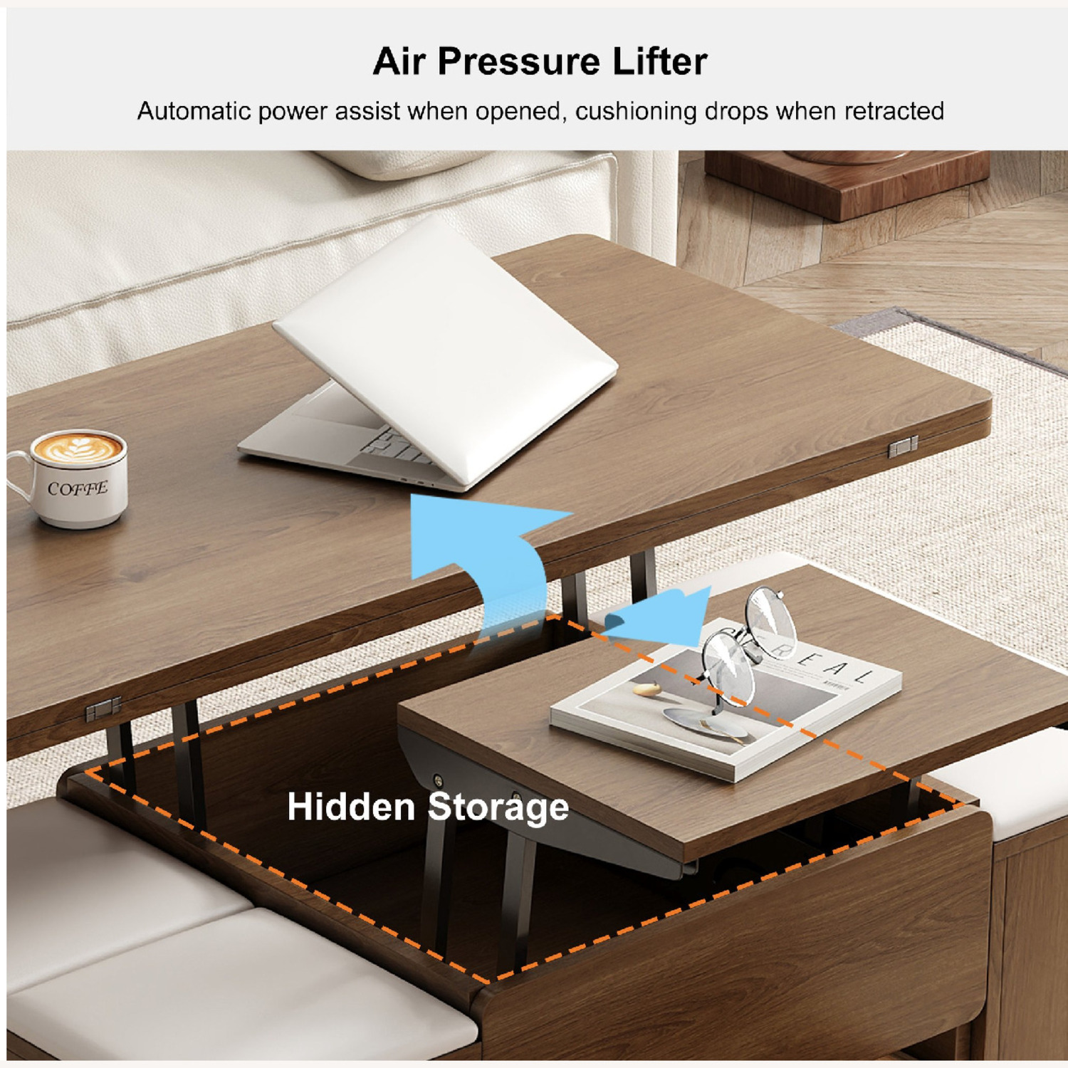 Lift-Top Foldable Coffee Table, 4 Stools & Storage - image-6