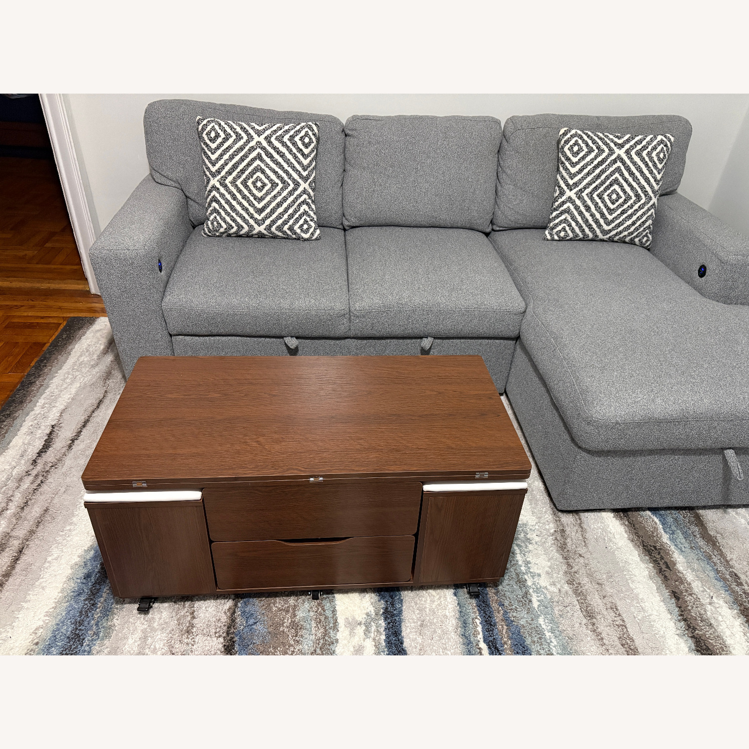 Lift-Top Foldable Coffee Table, 4 Stools & Storage - image-14