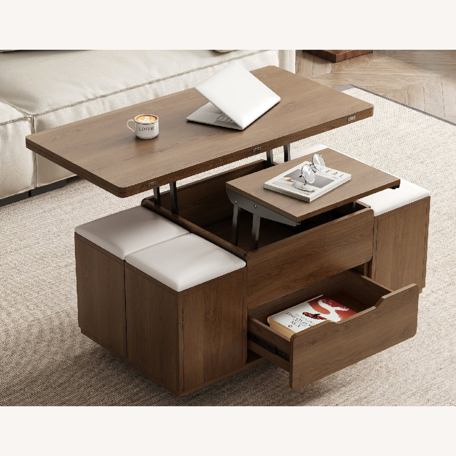 Lift-Top Foldable Coffee Table, 4 Stools & Storage - image-10