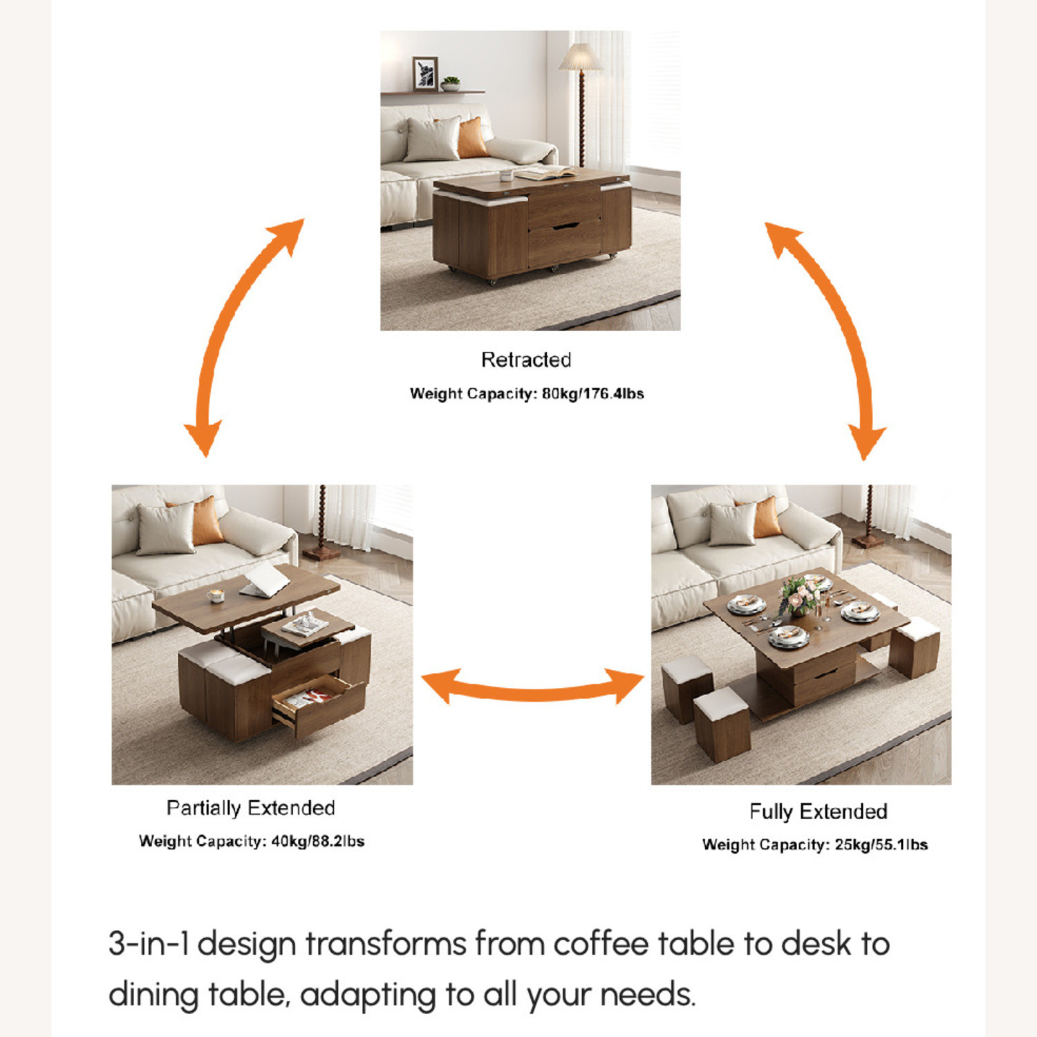 Lift-Top Foldable Coffee Table, 4 Stools & Storage - image-13