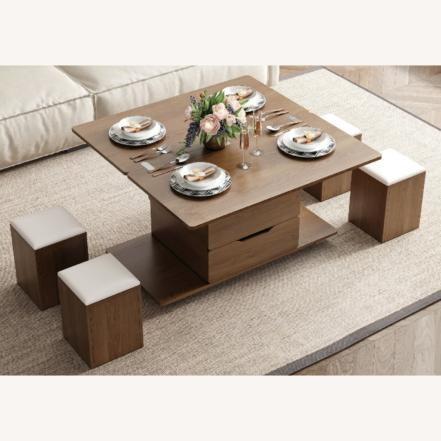 Lift-Top Foldable Coffee Table, 4 Stools & Storage - image-11