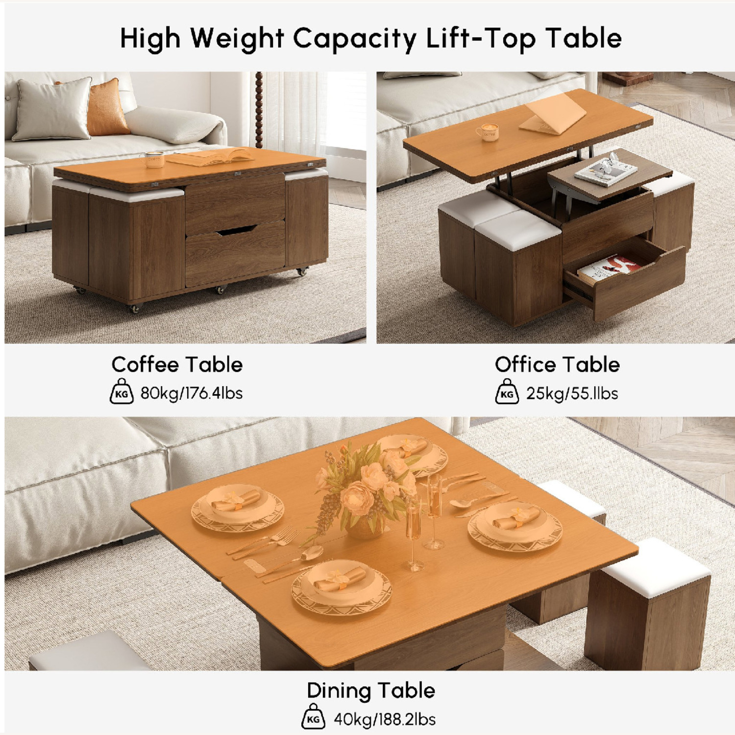 Lift-Top Foldable Coffee Table, 4 Stools & Storage - image-9