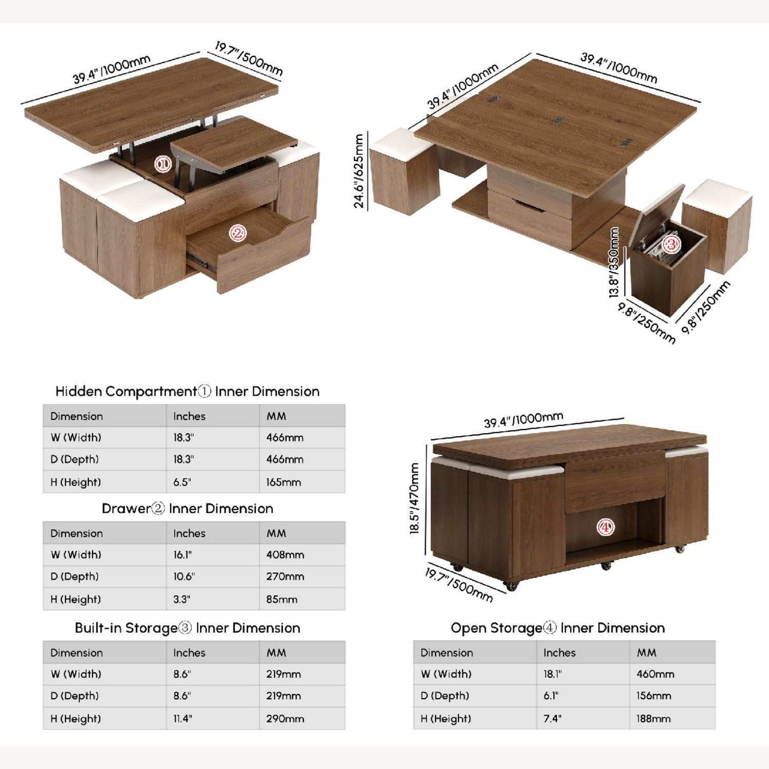 Lift-Top Foldable Coffee Table, 4 Stools & Storage - image-12