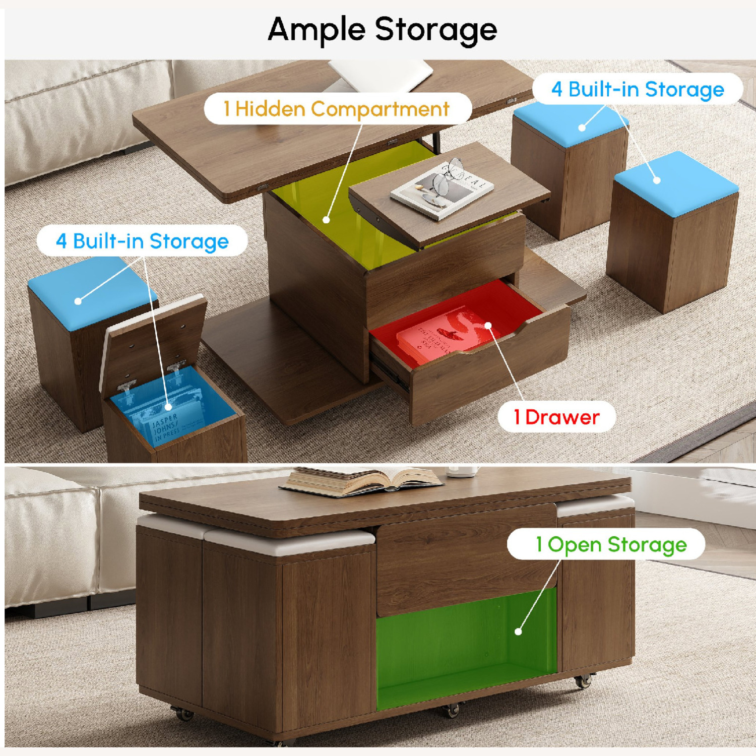 Lift-Top Foldable Coffee Table, 4 Stools & Storage - image-8