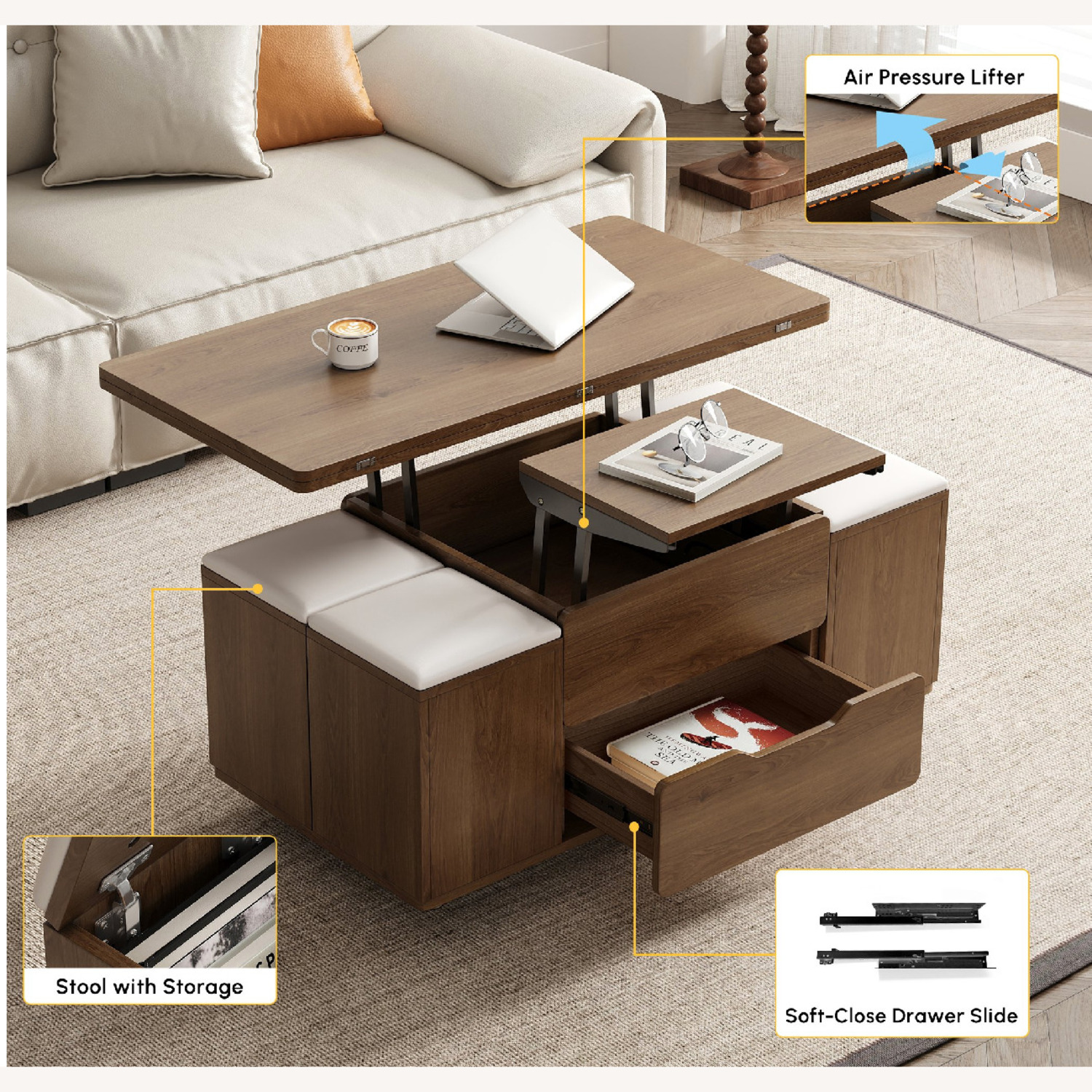 Lift-Top Foldable Coffee Table, 4 Stools & Storage - image-7