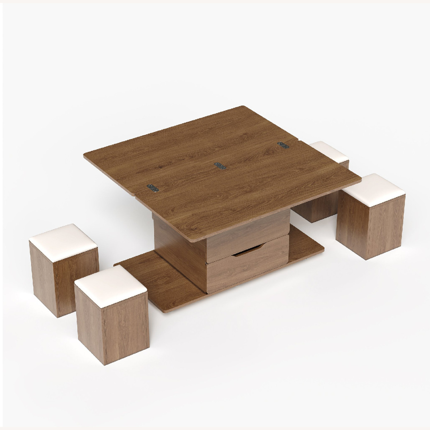 Lift-Top Foldable Coffee Table, 4 Stools & Storage - image-1