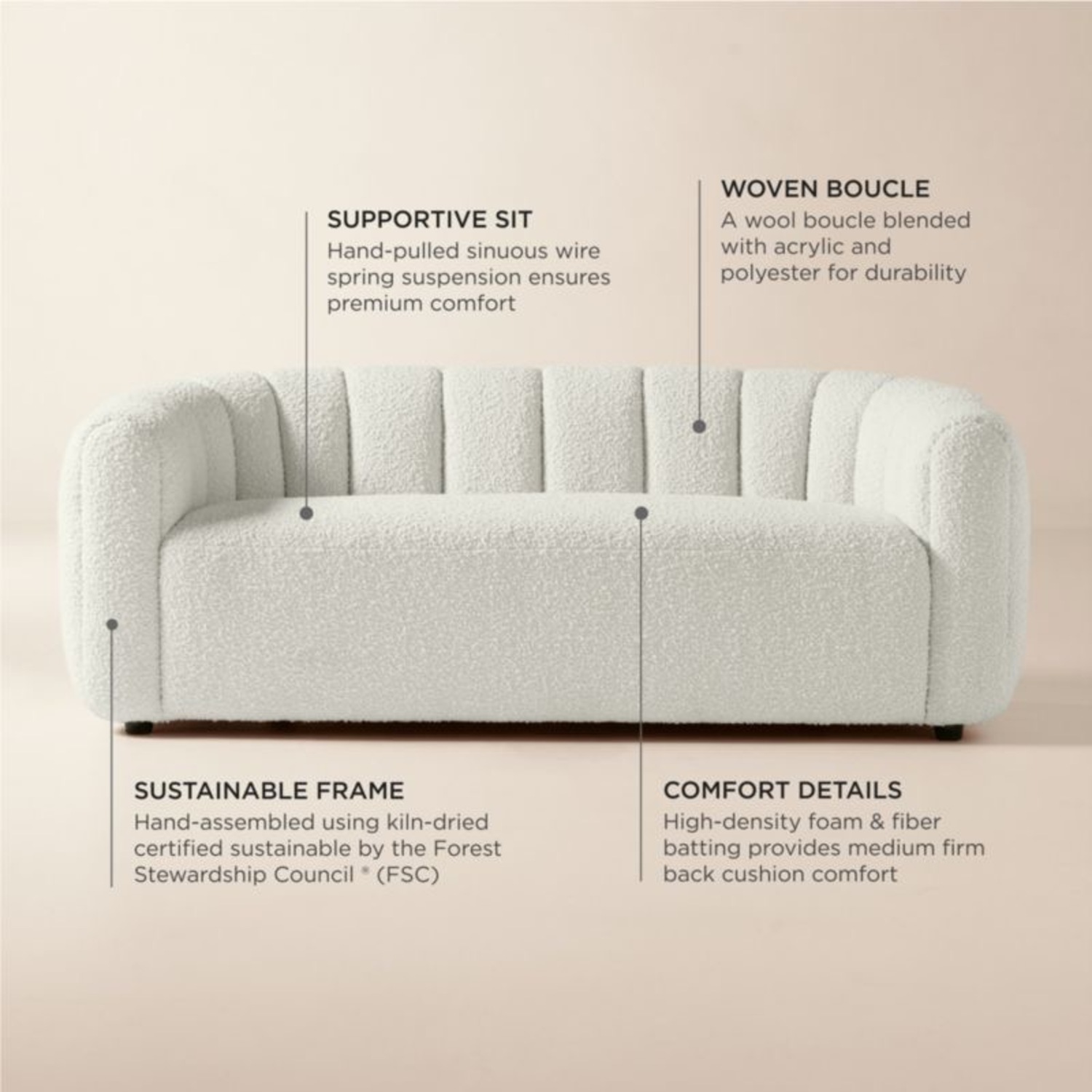 CB2 Fitz 72.5" Channeled White Boucle Loveseat - image-4