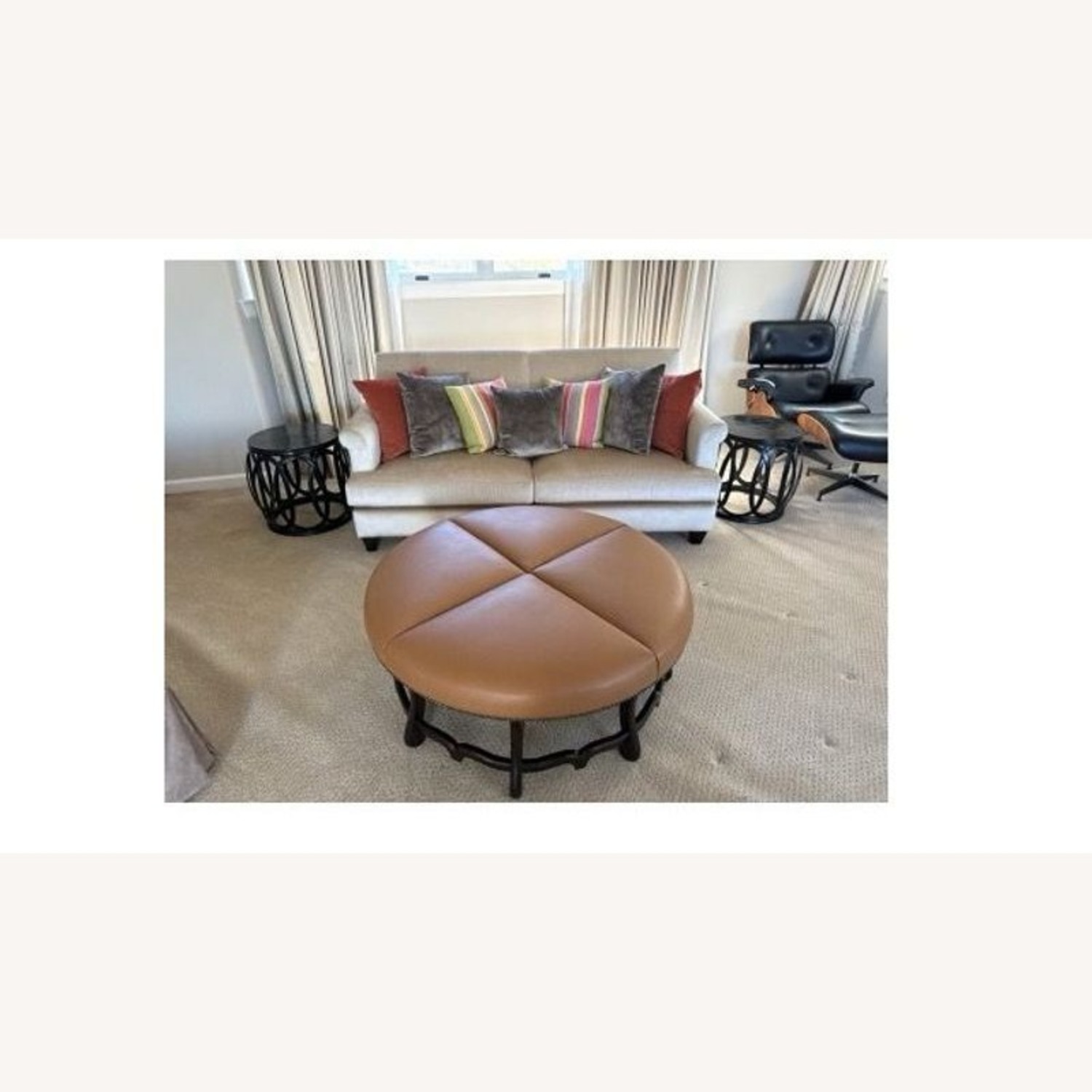Round Leather Ottoman with Wood Base - image-2
