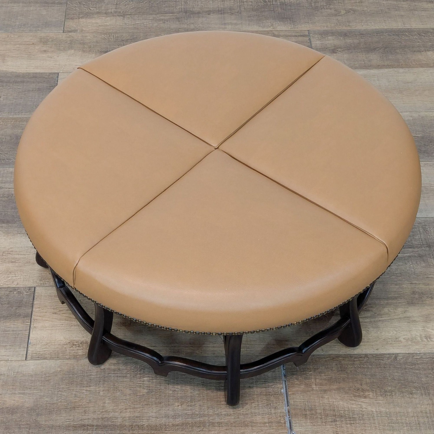 Round Leather Ottoman with Wood Base - image-8
