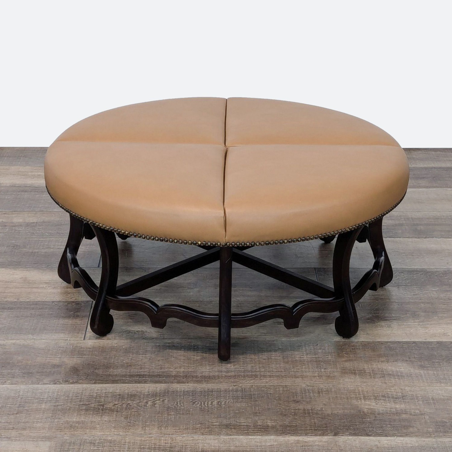 Round Leather Ottoman with Wood Base - image-6
