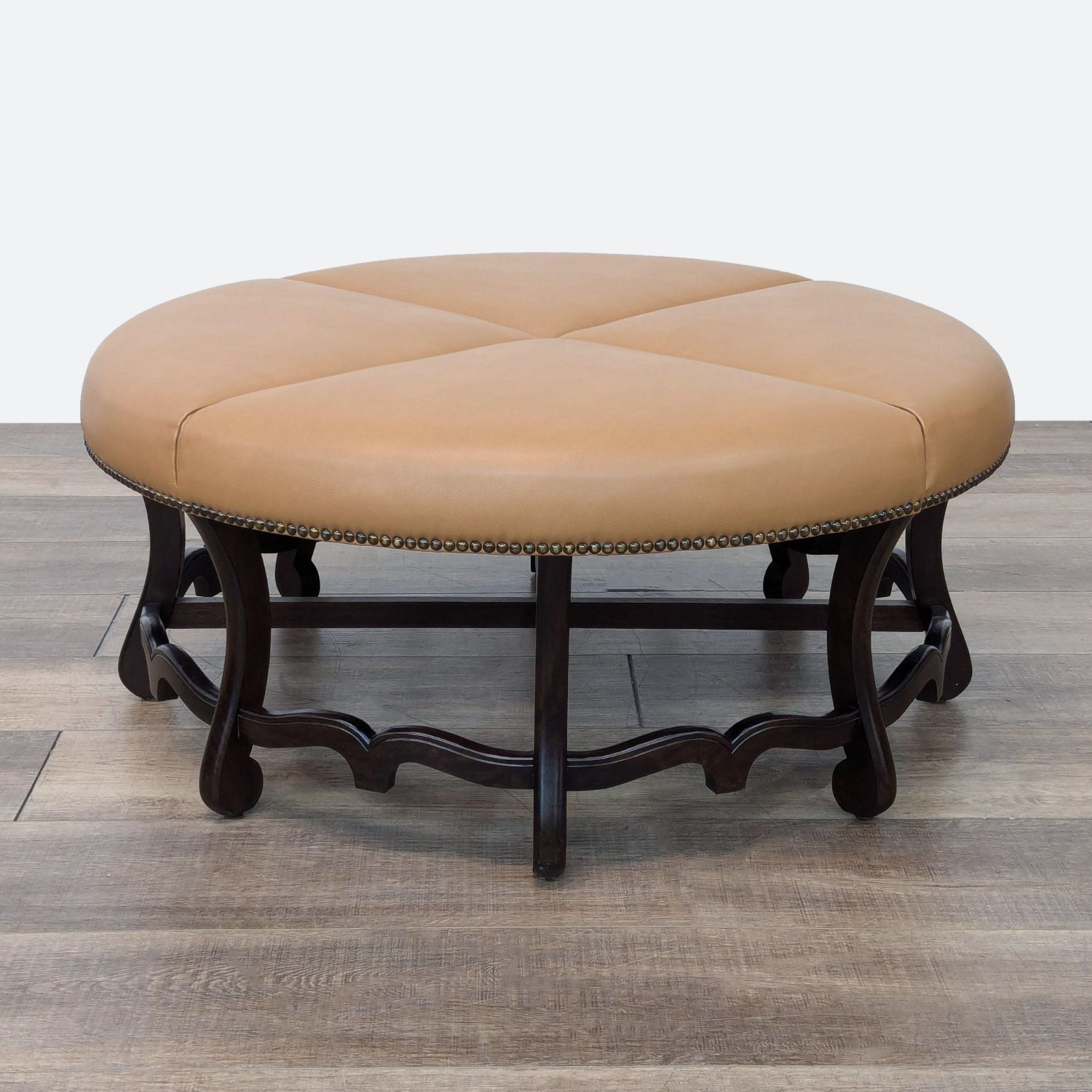Round Leather Ottoman with Wood Base - image-7