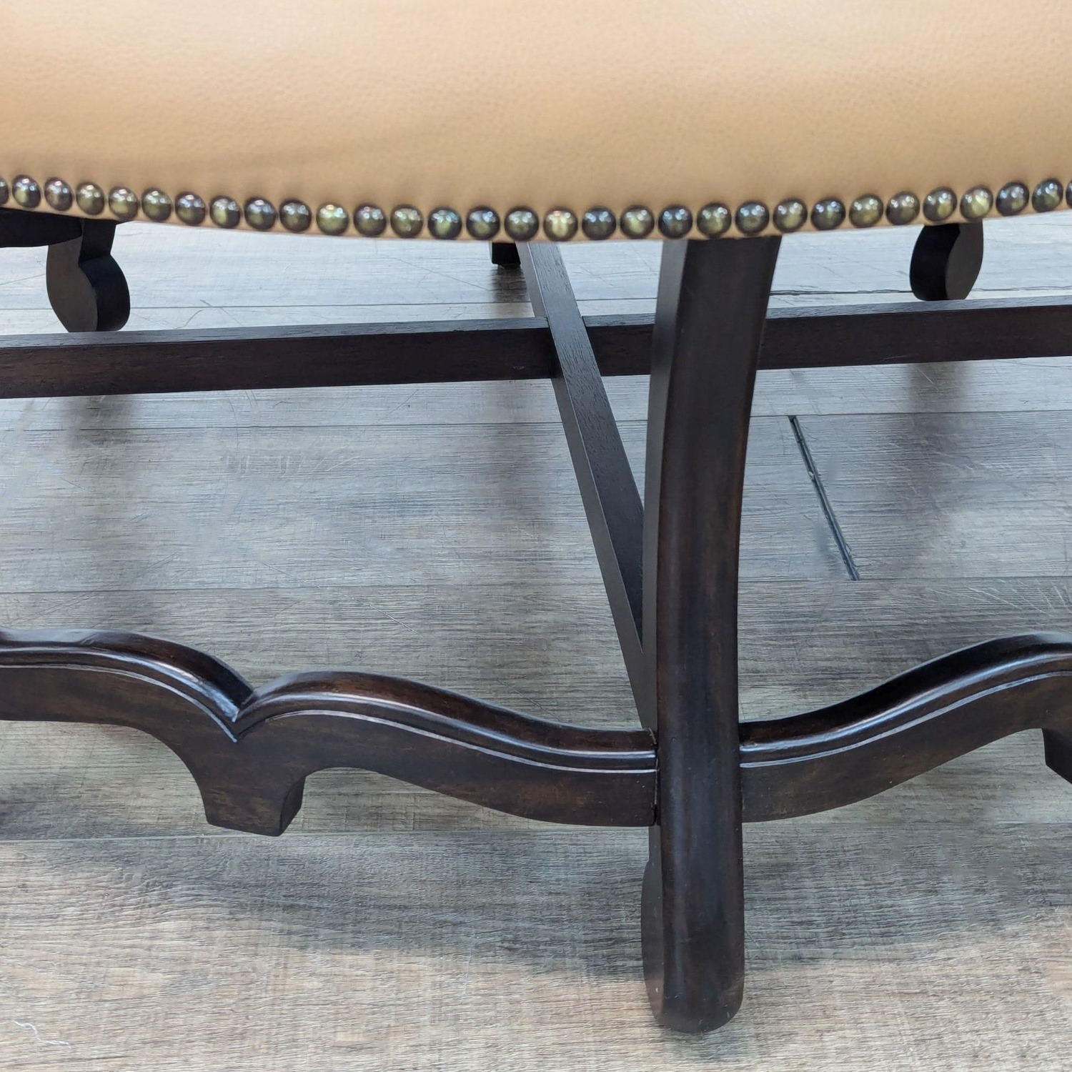 Round Leather Ottoman with Wood Base - image-5