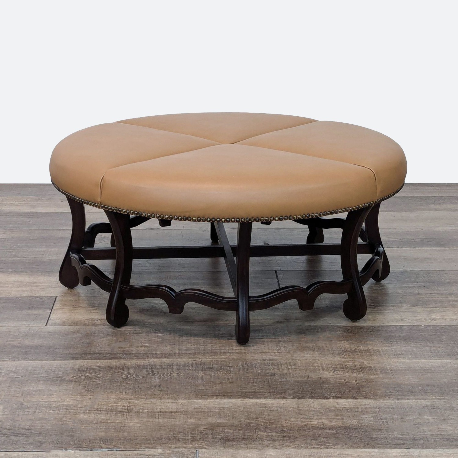 Round Leather Ottoman with Wood Base - image-0