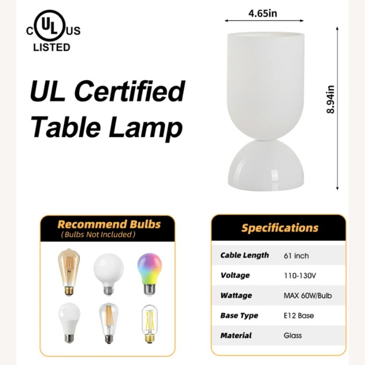 NIB 9” Modern White Glass Accent Table Lamp - image-1