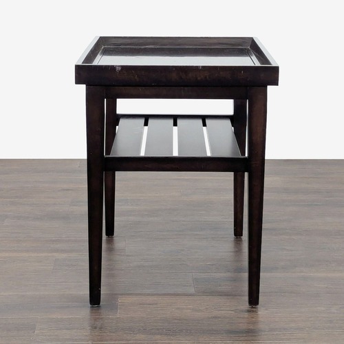 Used Wooden End Table with "Tray Top" and Slatted Shelf for sale on AptDeco