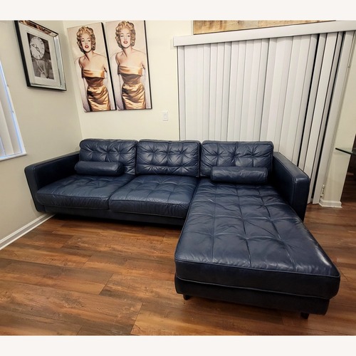 Used Blue Leather 2 Piece Sectional for sale on AptDeco
