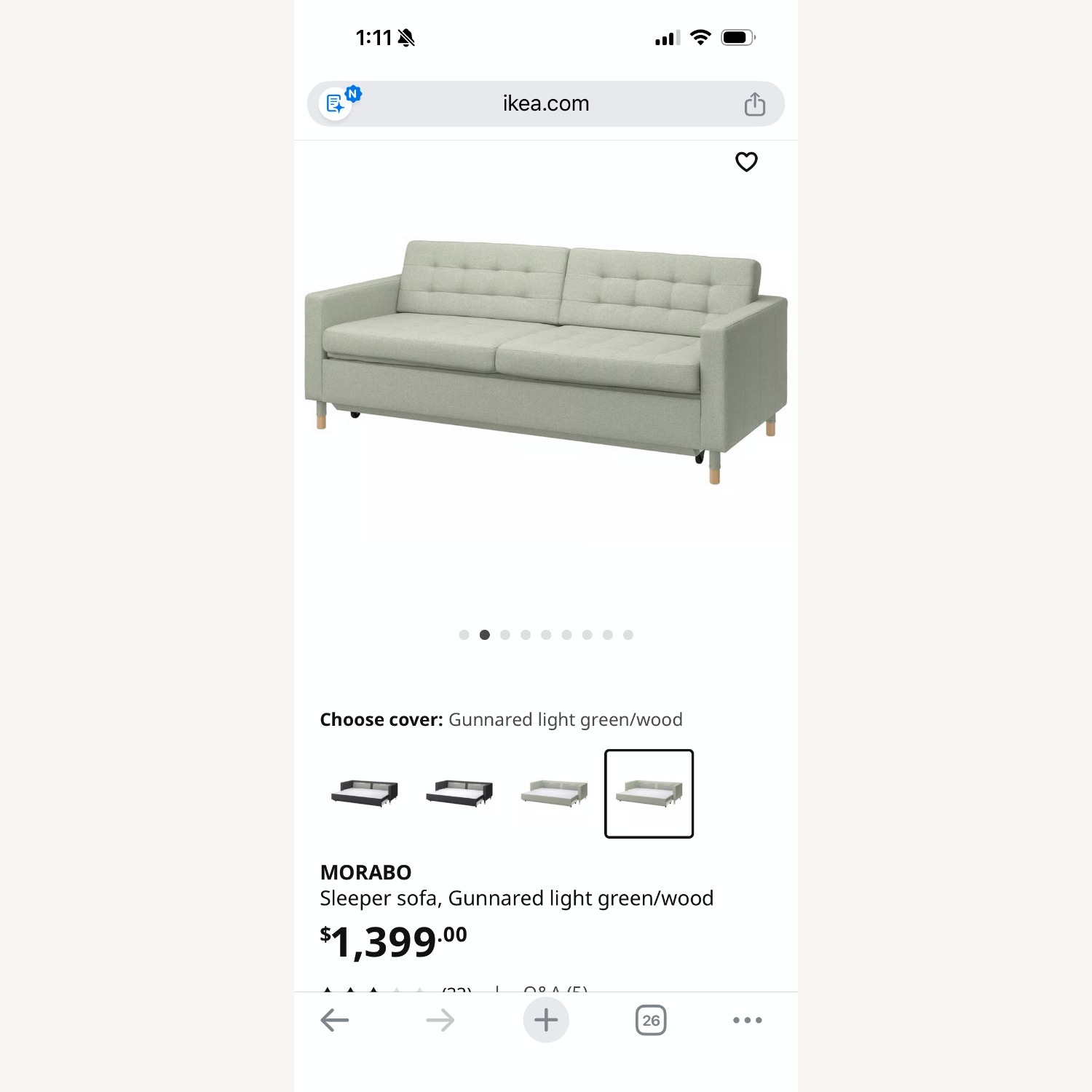 IKEA MORABO Green Fabric Sleeper Sofa - image-4