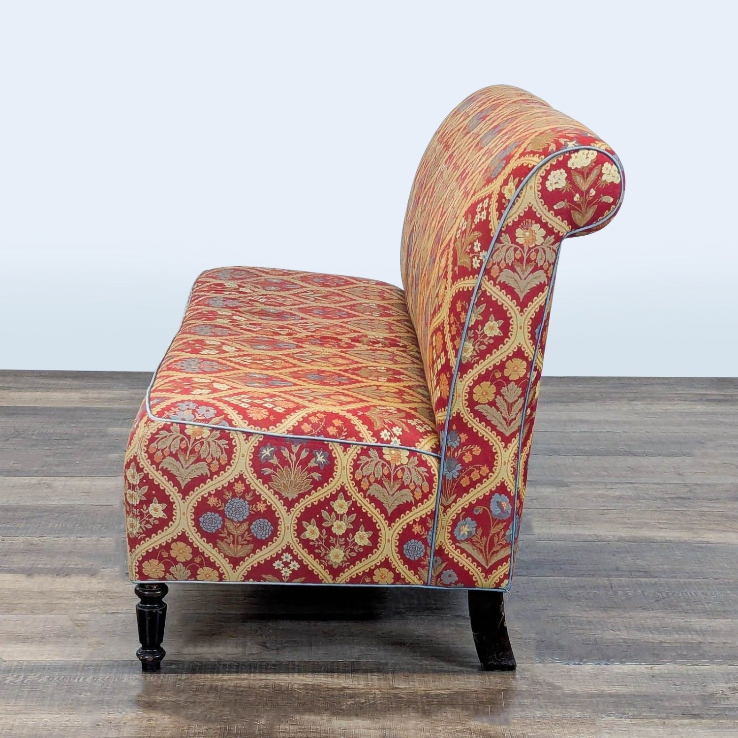 Bench with Rolled Back and Piping on Wood Legs	 - image-2