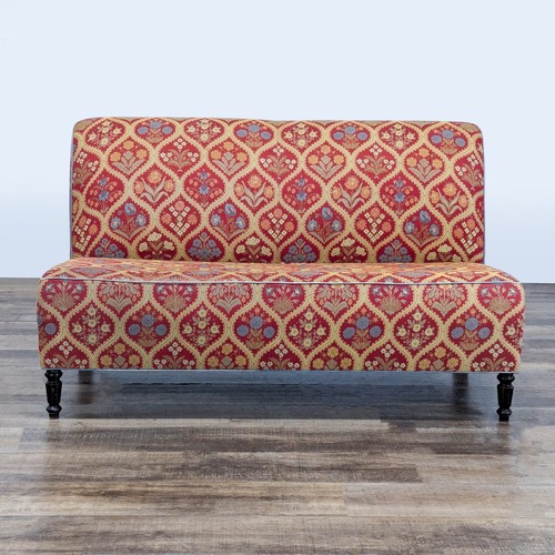 Used Bench with Rolled Back and Piping on Wood Legs	 for sale on AptDeco