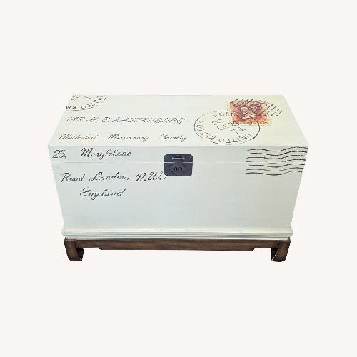 Used Postage Motif Wood Storage Trunk on Stand	 for sale on AptDeco