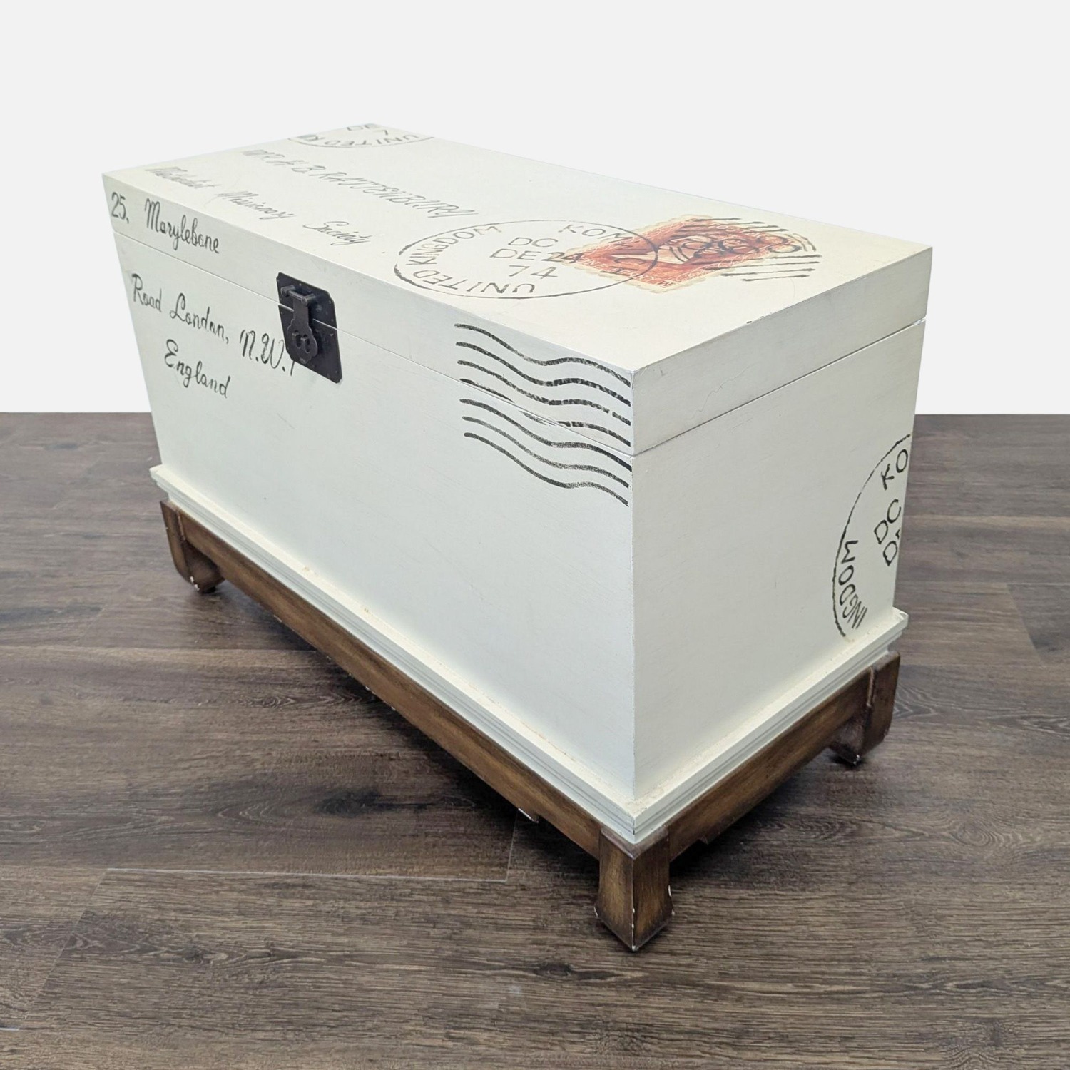 Postage Motif Wood Storage Trunk on Stand	 - image-4