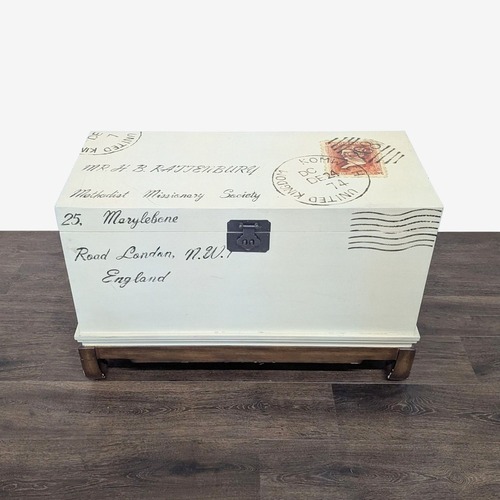 Used Postage Motif Wood Storage Trunk on Stand for sale on AptDeco