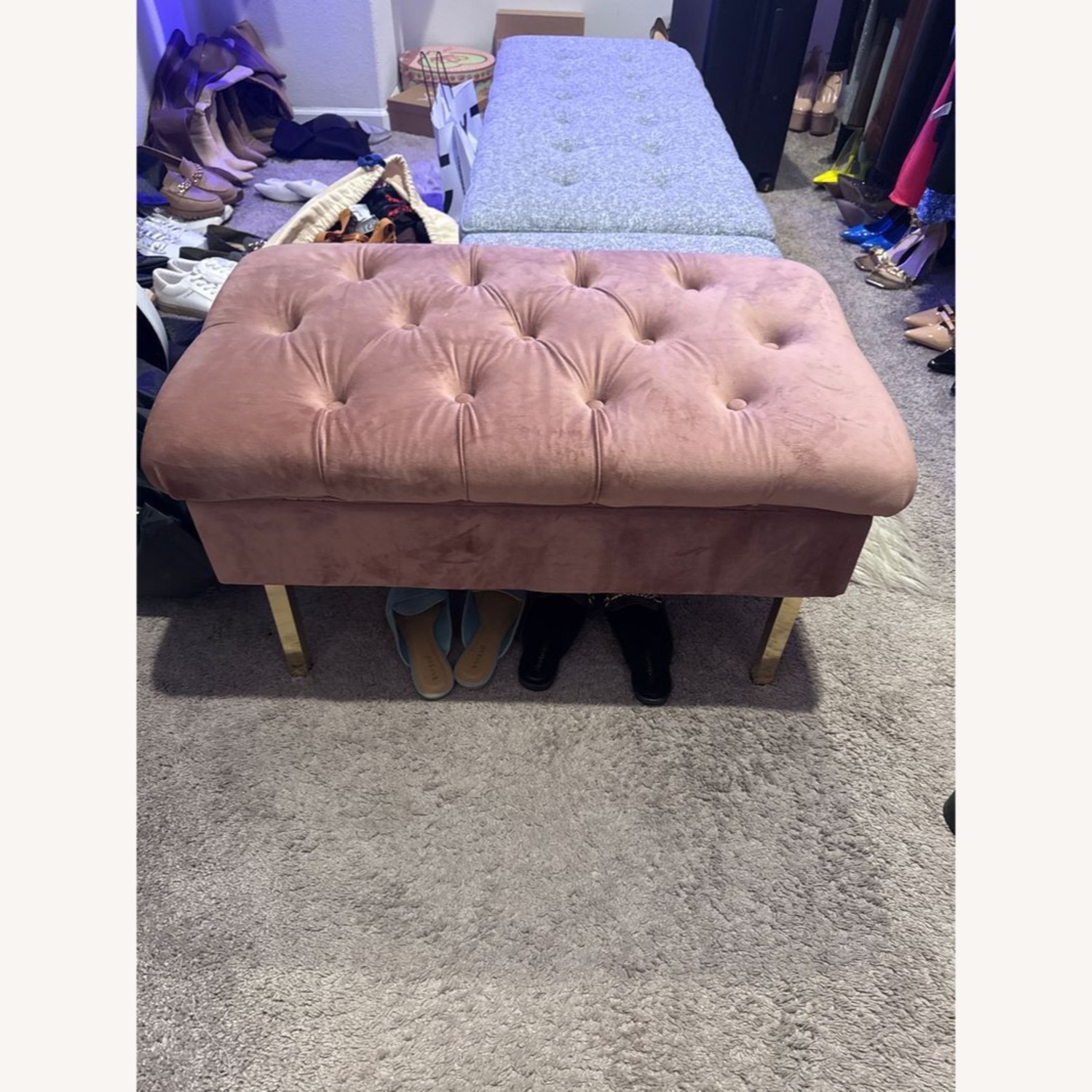 Velvet Button Tufted Storage Bench on Metal Legs - image-1