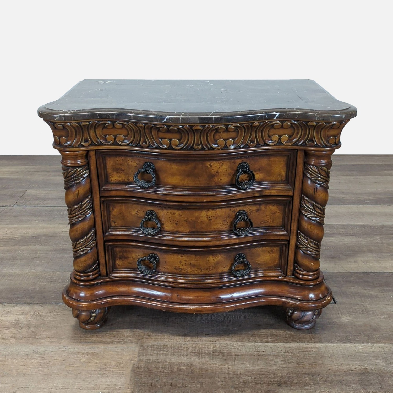 Heavily Carved Nightstand with Marble Top	 - image-3