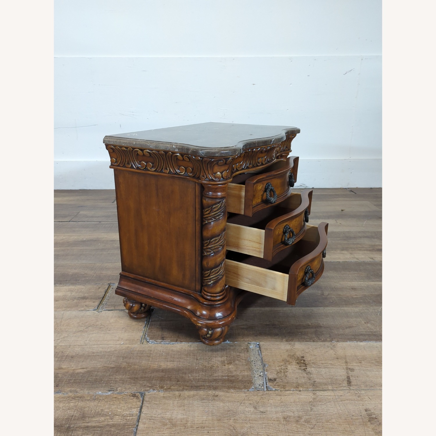 Heavily Carved Nightstand with Marble Top	 - image-6