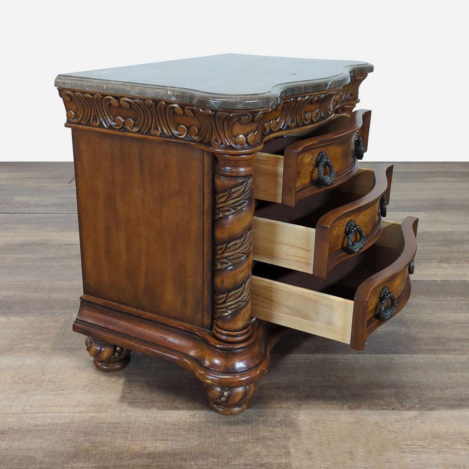 Heavily Carved Nightstand with Marble Top	 - image-2