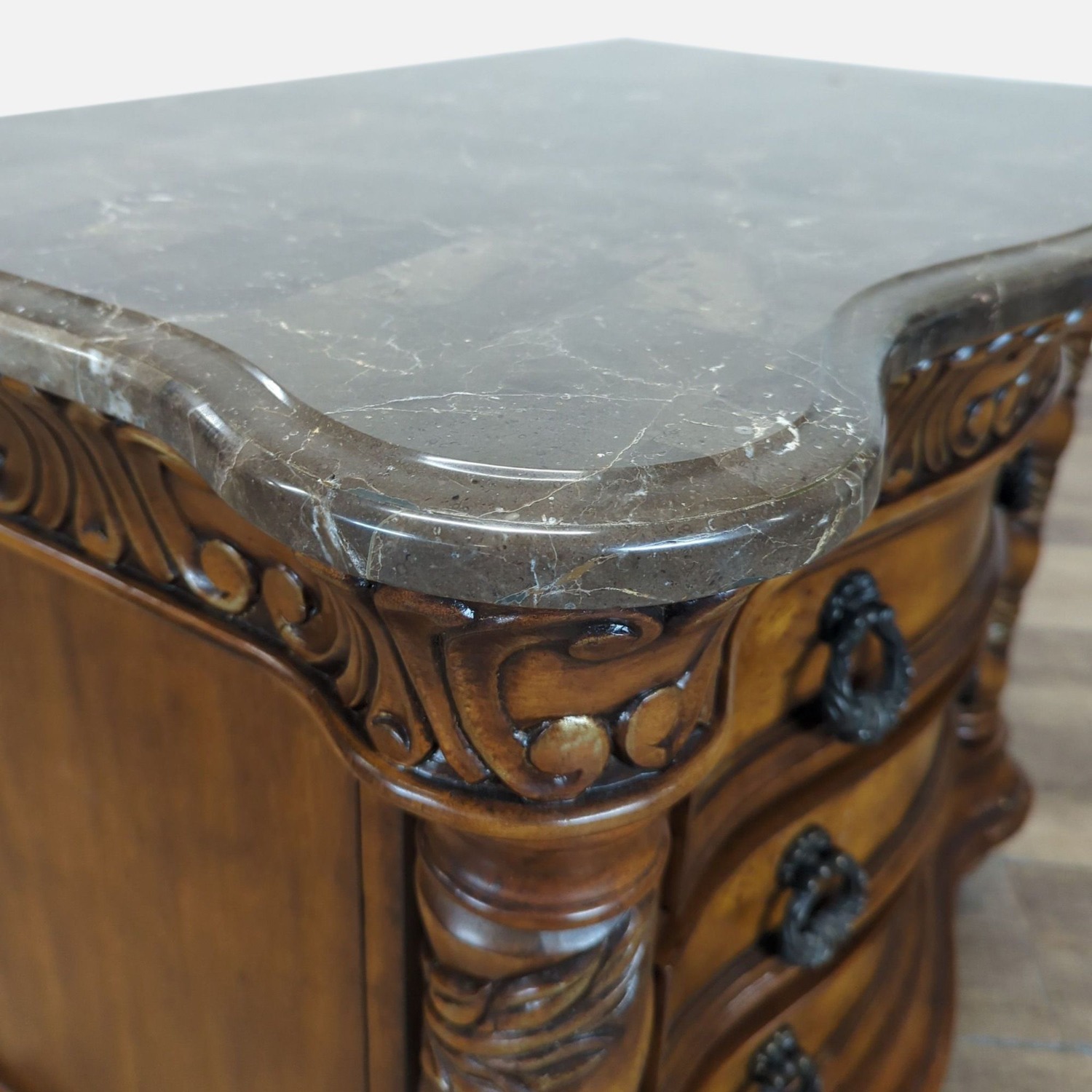 Heavily Carved Nightstand with Marble Top	 - image-4
