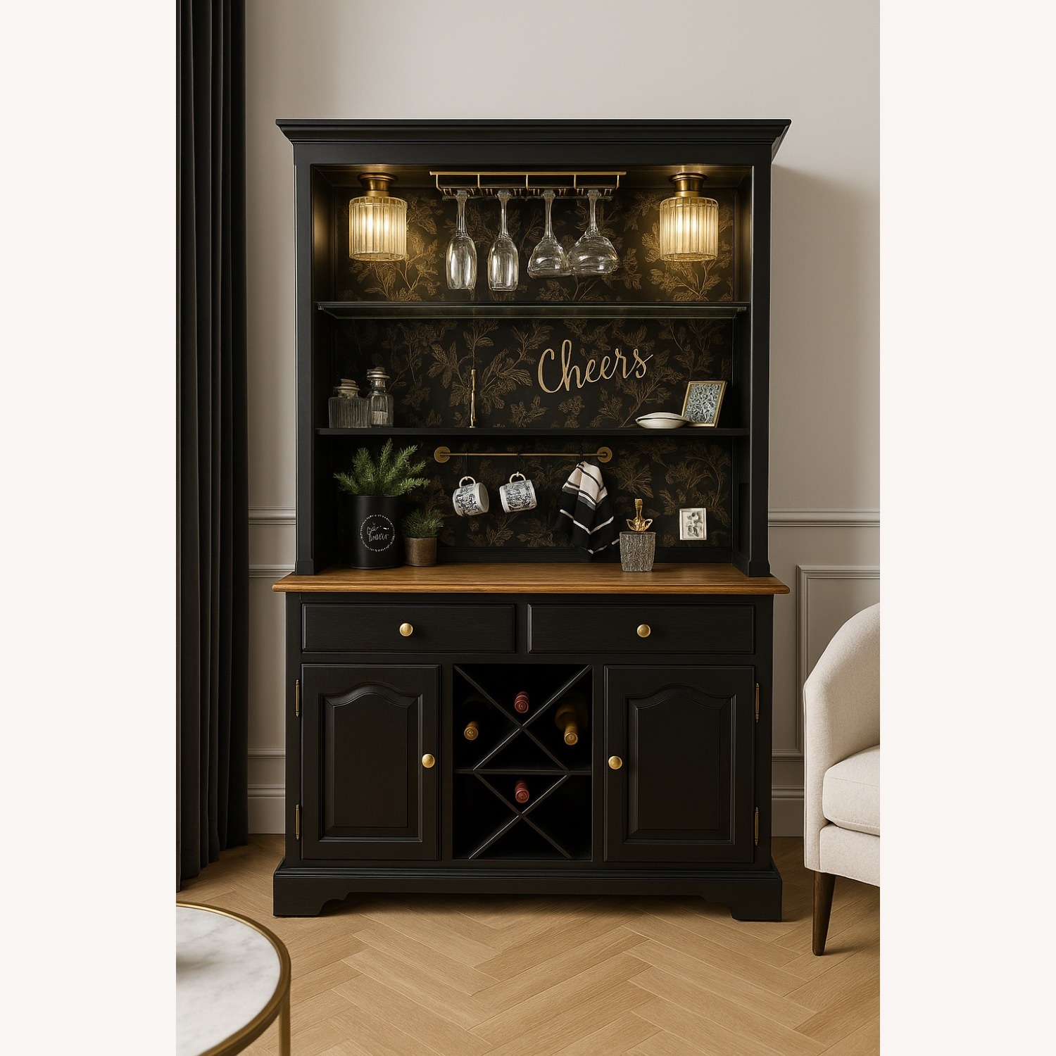 Custom Black Wood Wine Coffee Bar Cabinet - image-9