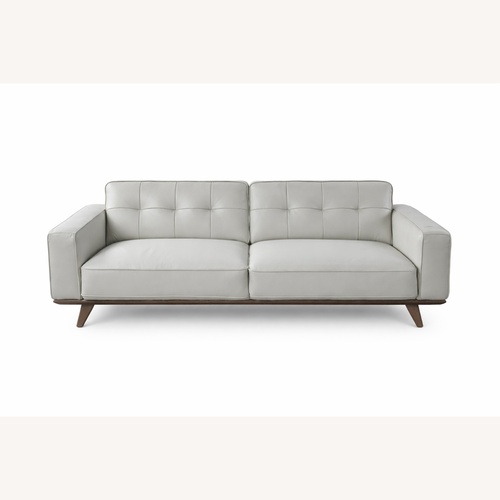 Used Living Spaces Caressa Leather Dove Grey Sofa for sale on AptDeco
