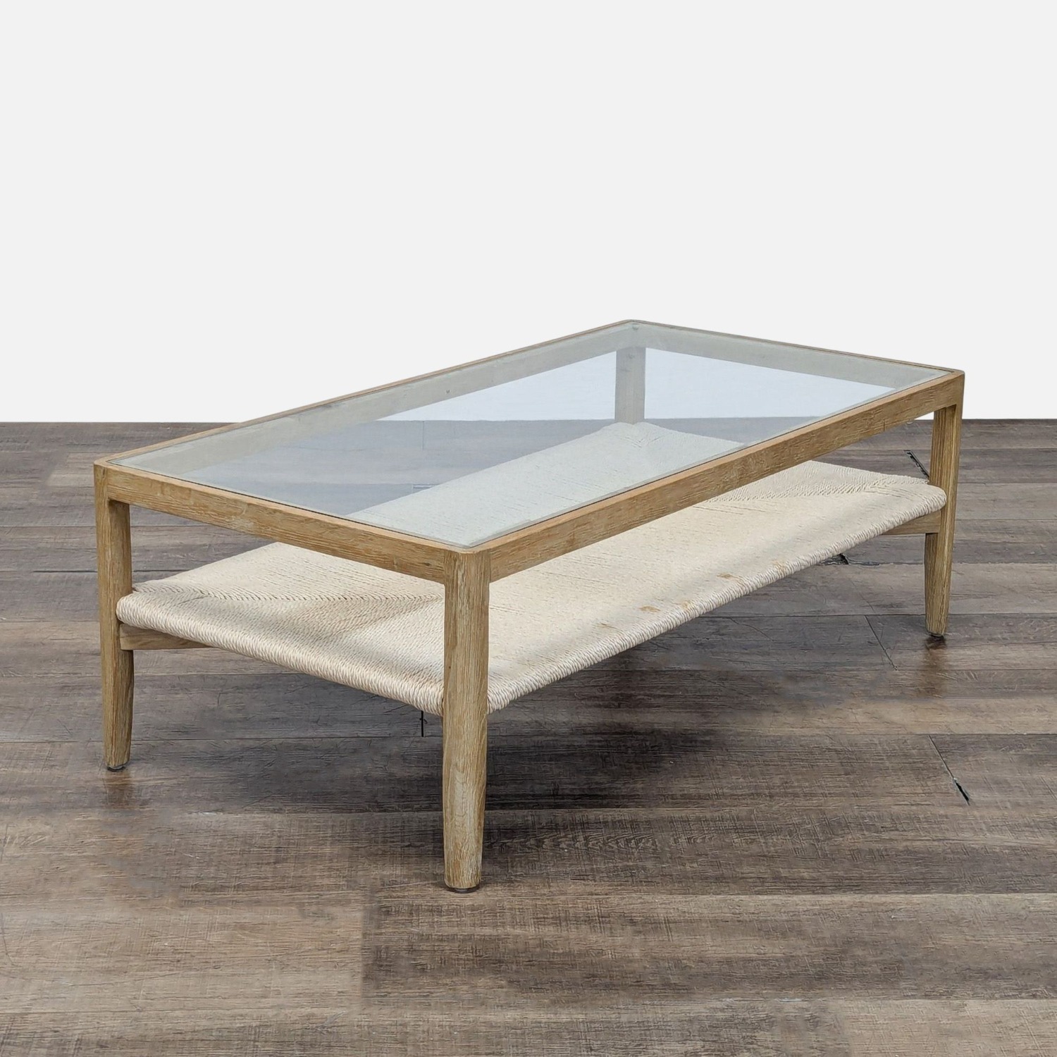 Glass Top Wood Coffee Table with Woven Shelf	 - image-1