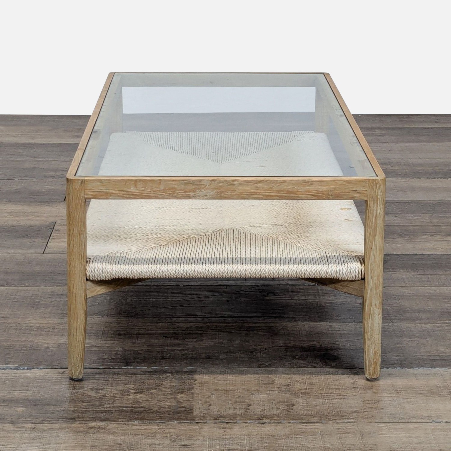 Glass Top Wood Coffee Table with Woven Shelf	 - image-2