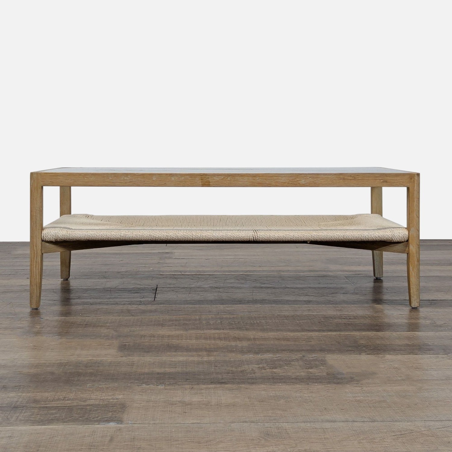 Glass Top Wood Coffee Table with Woven Shelf	 - image-3