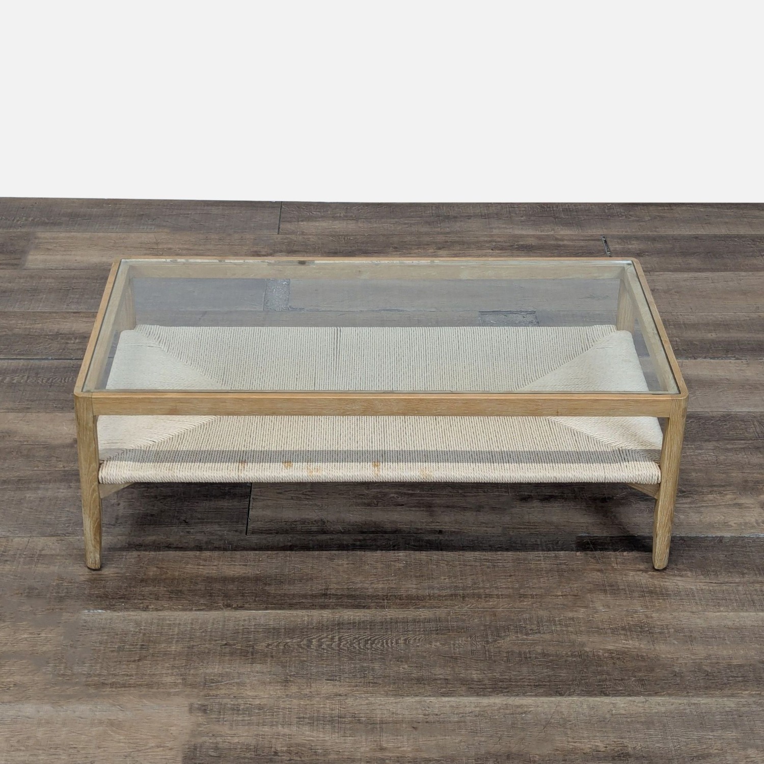 Glass Top Wood Coffee Table with Woven Shelf	 - image-6