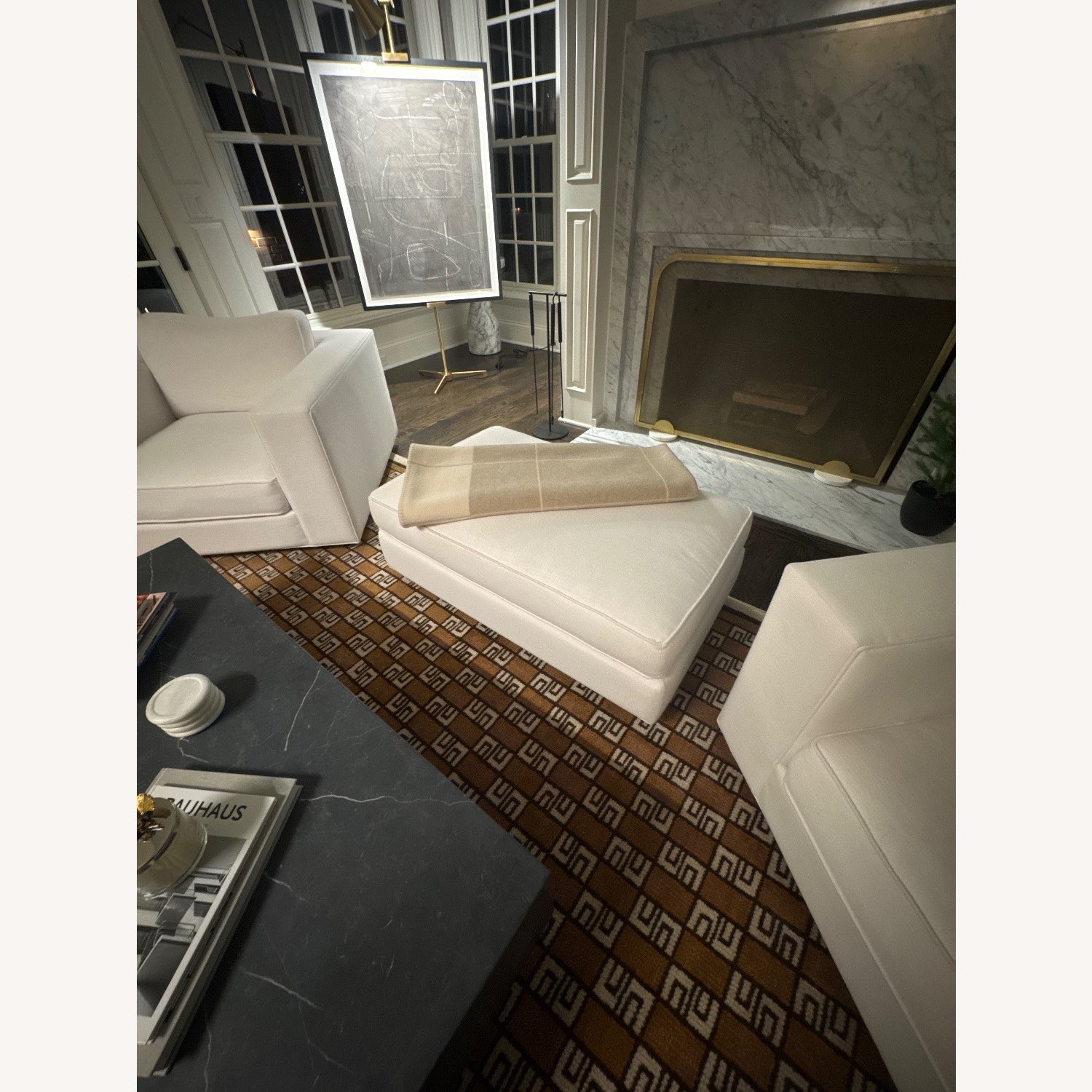 Restoration Hardware White Fabric Ottoman - image-2