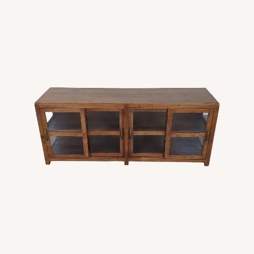 Used Pottery Barn Menlo Wood and Glass Media Console for sale on AptDeco