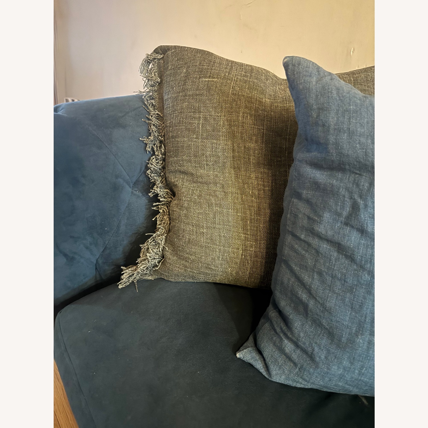 West Elm Tufted Blue Velvet Sofa - image-5