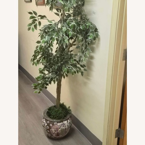 Used Faux Ficus Tree in a Chinese Ceramic Pot	 for sale on AptDeco