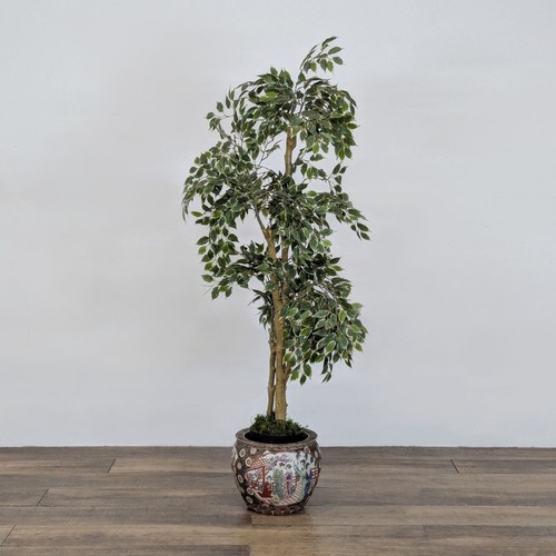 Used Faux Ficus Tree in a Chinese Ceramic Pot	 for sale on AptDeco
