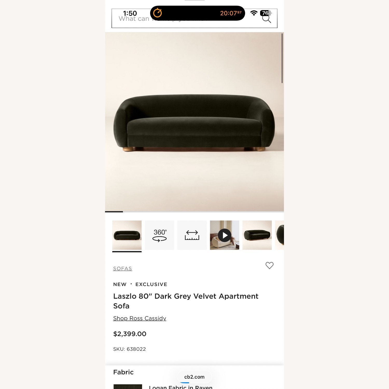 CB2 Grey Velvet 3 Seater Sectional - image-5