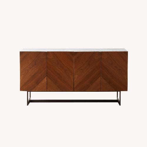 Used CB2 Suspend 57" Walnut Wood Media Console With White Marble Top for sale on AptDeco