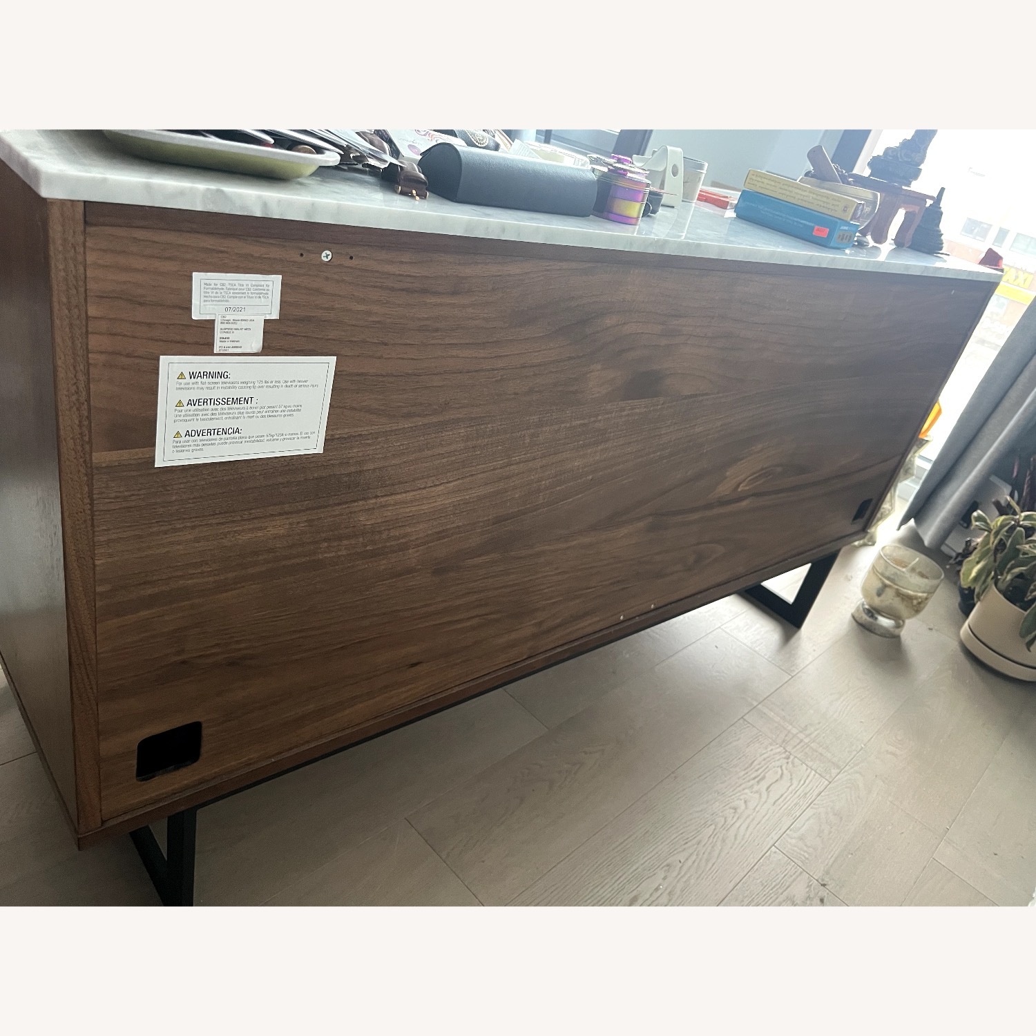 CB2 Suspend 57" Walnut Wood Media Console With White Marble Top - image-7