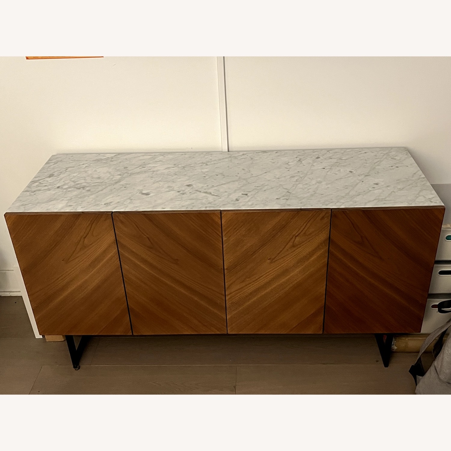CB2 Suspend 57" Walnut Wood Media Console With White Marble Top - image-3