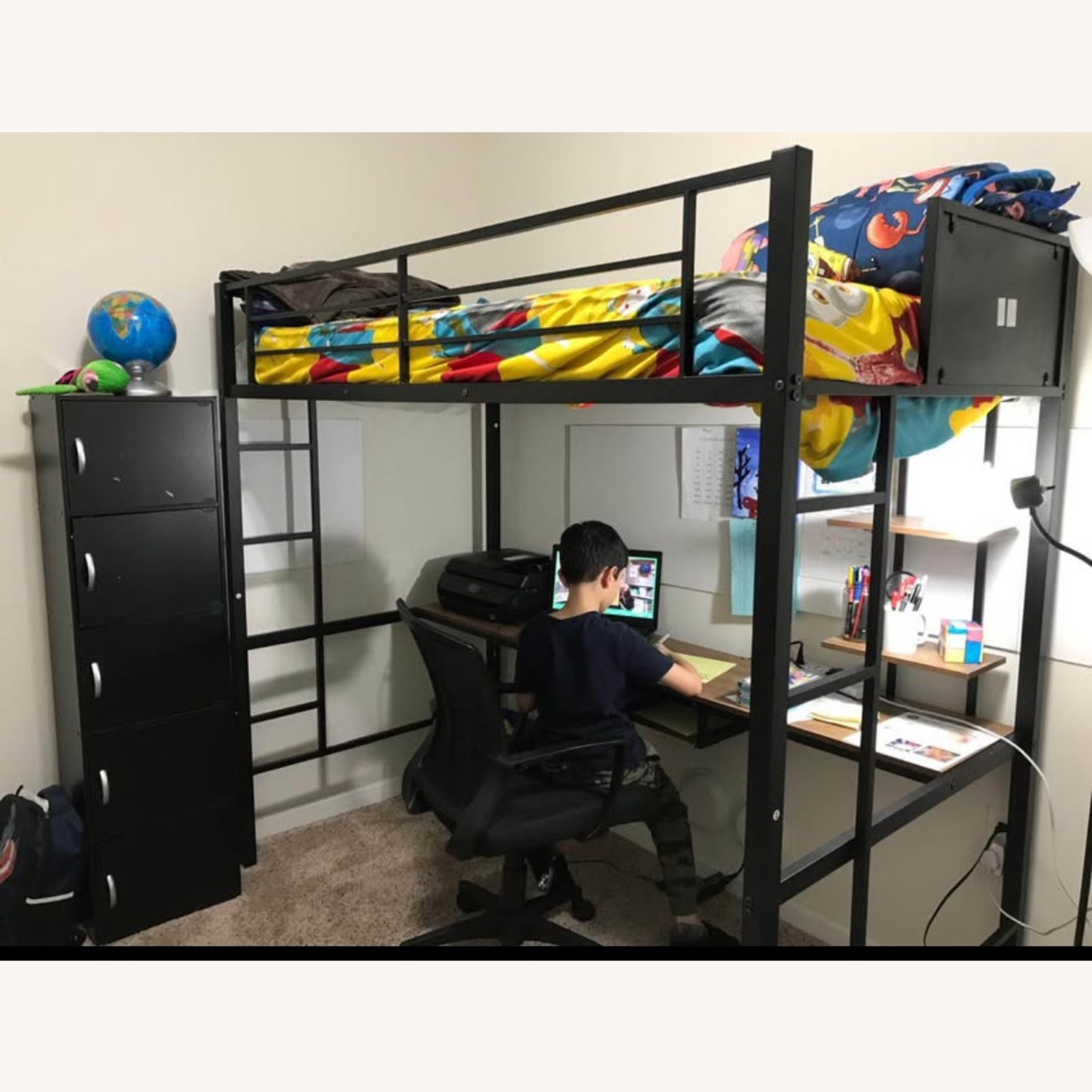 Twin Loft Bed W Desk, Shelves, Dual Ladder - image-2
